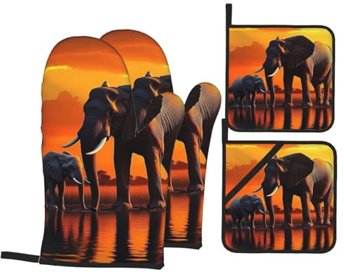 Ofenhandschuhe und Topflappen, Motiv: Sonnenuntergang, Elefant, Küchenhandschuhe mit Topflappen, rutschfeste Handschuhe, hohe Hitzebeständigkeit, 500 Grad, für Grill, Backen, Kochen, Backofen