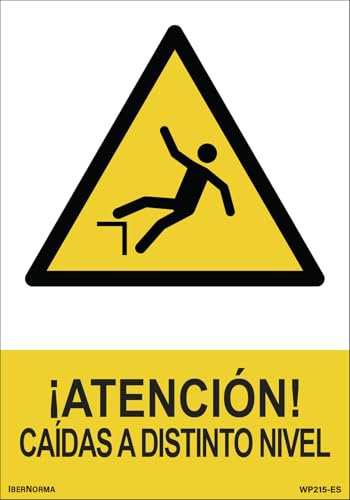 IberNorma WP215-ES Señal de ¡Atención! Caídas a Distinto nivel 21x30cm Cartel de peligro por riesgo de tropezar o caídas a diferente altura ideal para locales y empresas en PVC homologado