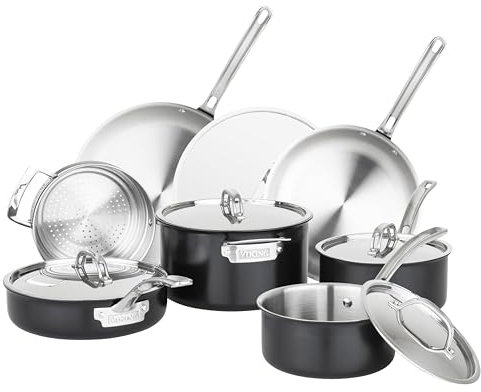 Viking 3-Ply Pots and Pans Set, 12 Piece Stainless Steel Kitchen Cookware Set with Lids, Dishwasher Safe, Induction Ready, Cast Black