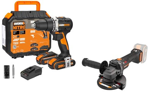 PACK WORX PRO+ Perceuse-Visseuse 20V + Meuleuse d'Angle 20V + 2 Batteries 2Ah + Chargeur (Idéal Pour Tous les Projets de Bricolage et de Rénovation)