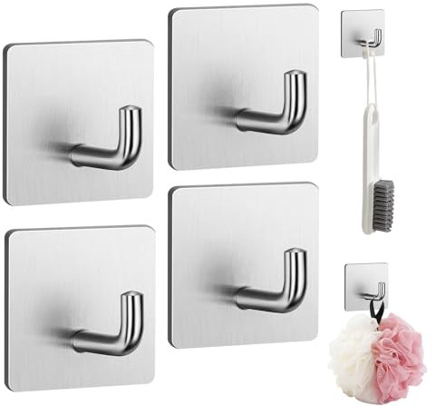 Daryunk 4PCS Adhesive Hooks, 304 Stainless Steel Heavy Duty Adhesive Hooks, Stick on Wall and Door, forTea Towel, Coat, Kitchen, Bathrooms, Key