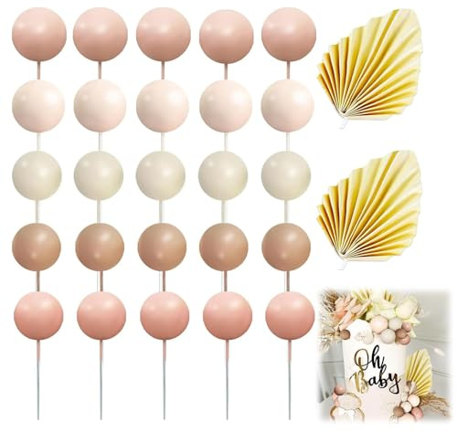 27 Stück Tortendeko Kugeln Cake Topper, Blumen Kugeln Set Tortenaufsatz Dekoration Boho Kuchendeko Geburtstag Hochzeit Kugel-Kuchenaufsatz-Dekorationen,Tortendekoration Beige.