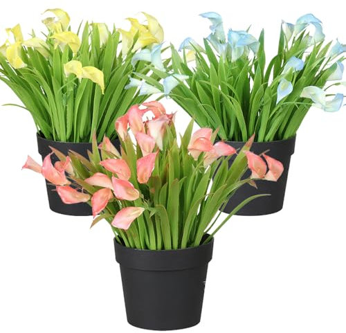 Aisamco 3 Pack Artificial Potted Plants Small Faux Plants in Black Pot Mini Artificial Calla Potted Plant for Bathroom Home Office Desk Table Shelf Decoration Indoor