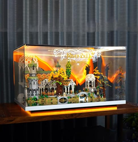 Leuchtende Vitrine für Lego 10316 Herr der Ringe Bruchtal, stimmungsvolle Beleuchtungsvitrine mit hängenden Sockelornamenten, sammlungs-/staubdicht (ohne Modell)