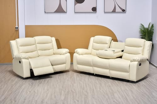 Cream Leather Manual Recliner 3+2+1 Seater Sofa with Dropdown Table & Cupholders - Recliner Sofa Set For Living Room (3+2)
