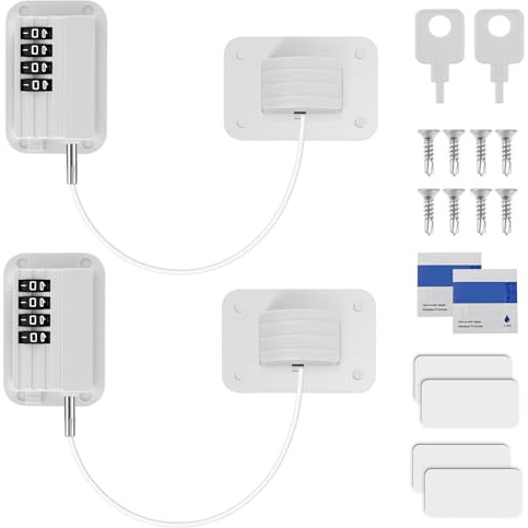 2Pcs Window Restrictors for UPVC, Child Baby Security Wire Cable Window Locks with Combination and Screws Keys, Self Adhesive or Drilling Windows Restrictor Refrigerator Lock for Pet Childproof(white)