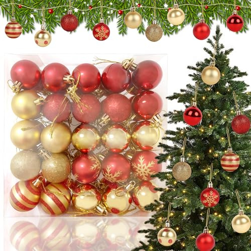 Rot Gold Christbaumkugeln Set 50 Stück, 4 cm Glitter Weihnachtskugeln Mini Kunststoff Weihnachtsbaumkugeln Plastik Christbaumschmuck für Weihnachtsbäume Kranze Girlanden Heimdekor