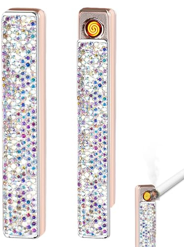 2 Stück Elektrisches Feuerzeug Diamantbesetztes, Sturmfeuerzeuge Elektrisch Lighter mit USB Anschluss, Wiederaufladbar Zigarettenetui Glitzer Flammenloses Feuerzeug Personalisiert für Damen Geschenk