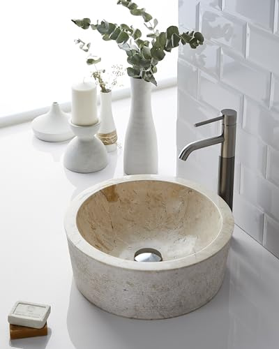 MG Valencia Lavabo da Appoggio Bagno In Marmo Naturale Modello BAHIA CREAM 40x40x15cm. Lavandino Bagno da Appoggio Rotondo, Grigio, Diametro 40 cm, Altezza 15 cm, Scarico Lavandino 4,5 cm (Crema)