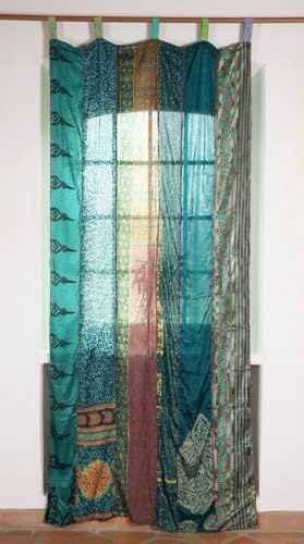 GURU SHOP Seidiger Vorhang (1 STK.) Gardine aus Patchwork Sareestoff, Unikat - Dunkelgrün/bunt, 250x100 cm
