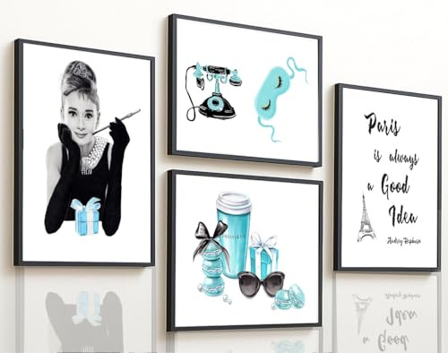 4Good Stilvoller Fashion Kunstdruck – Audrey Hepburn mit Paris-Vibes, Glamour, Kaffee & Sonnenbrille – Elegante Wanddekoration für Mode- und Designliebhaber - WBF6 Audrey Hepburn A4