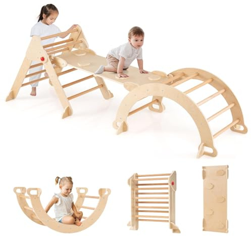 FANTASK Triangolo da arrampicata 4 in 1 con scivolo, arco da arrampicata, rampa a doppia faccia, struttura in legno per arrampicata, scivolo e altalena, montessori triangolo per i 3 anni (naturale)