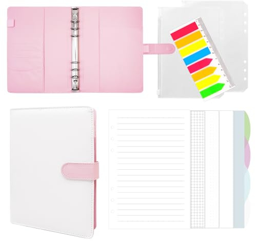 Fettwal Notizbuch Ringbuch A5 Nachfüllbar, Leder Notizbuch A5 Ringbuch mit 160 Blätter Nachfüllpapier, Tragbarringbuch Planer Binder Bindertaschen für Schulnotizen und Organizer, Rosa Weiß