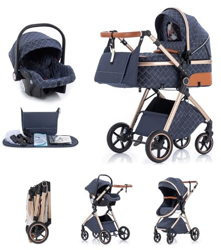 Kakbgee 3 in 1 Kinderwagen mit Babyschale, Buggy 7-Höhenverstellbarer Griff | Faltbar Buggy, 4-Rad Federung, Regenschutz, Moskitonetz, Kombikinderwagen für Neugeborene 0-3 Jahre (15kg), Blau