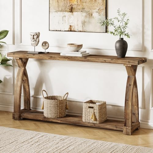 TRIBEWOOD Konsolentisch 160 cm mit Lagerung, 2-Tier Massiveholz Schmal Eingangstisch, Bauernhaus Sofatisch Flurtisch für Eingang, Flur, Wohnzimmer