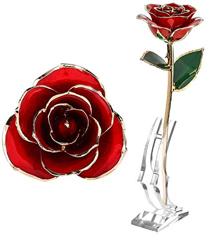 RASTKY Rose éternelle Trempée en Or 24 Carats pour Petite Amie, Femme, Cadeau Créatif de Saint-Valentin, Décoration de Mariage avec Base – Rouge
