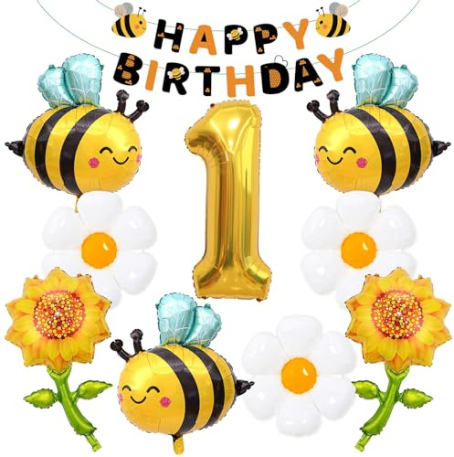 10PCS Bienen Geburtstag Folienballon Deko,Luftballon 1. geburtstags biene | Bienen luftballon 1.,Deko 1 Geburtstag Folienballons mit biene,Blume Ballons,Sonnenblume,Girlande,für 1 Jahre Geburtstagsdeko