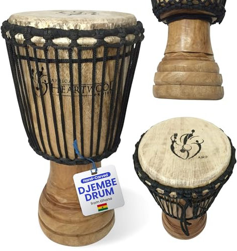 Afrika Kernholz Project geschnitzt Djembe Trommel – Massivholz, Ziegenfell – hergestellt in Ghana – 8 x 16