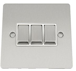 Light Switch 3 Gang - Satin Matt Chrome Flat - White - Metal Rocker - 10 Amp Triple Switch 2 Way