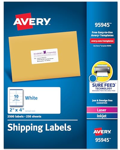 Avery Printable Shipping Labels, Sure Feed Technology, 2 x 4 Customizable Stickers, White, 2,500 Blank Mailing Labels, Great for Mailing, Shipping, and More (95945)