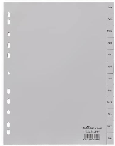 Durable Register für DIN A4, volldeckend (20er Pack - grau, Jan-Dez)