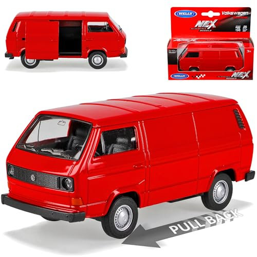 Welly Volkwagen T3 Transporter Kasten Rot 1979-1992 mit Rückzugsmotor ca 1/43 1/36-1/46 Modell Auto mit individiuellem Wunschkennzeichen