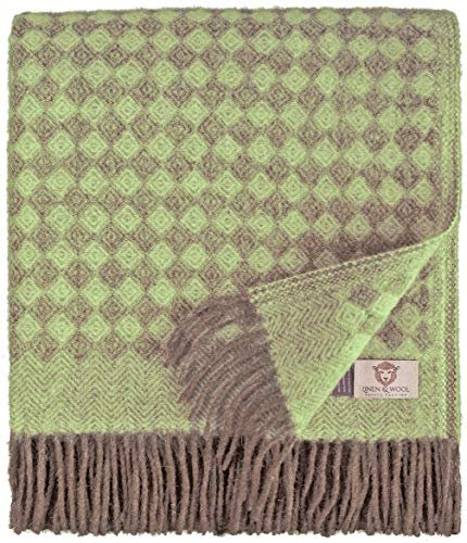 Linen & Cotton Warme Decke Wolldecke Wohndecke Paris mit Rautenmuster - 100% Reine Neuseeland Wolle, Braun Grün (140 x 200 cm), Sofadecke/Tagesdecke/Überwurf/Plaid Sofa Couch/Schurwolle
