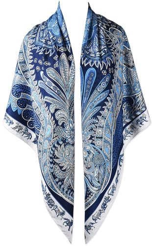 corciova XXL Oversized Satin Scarf - 50x50 Inches Square in Navy Royal Blue & White Floral Print - Luxury Women's Hair Wrap, Shawl, Headscarf, & Satin Top