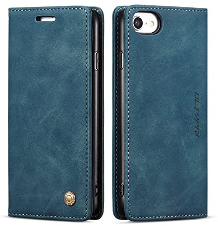 QLTYPRI Hülle für iPhone SE 2022 5G/SE 2020/8/7, Vintage Dünne Handyhülle mit Kartenfach Geld Slot Ständer PU Ledertasche Flip Schutzhülle für iPhone 7/8/SE 2/SE 3 - Blau