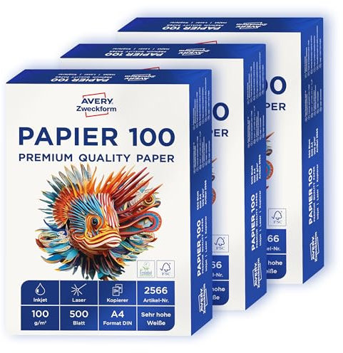 AVERY Zweckform 2566 Drucker-/Kopierpapier (1.500 Blatt, 100 g/m², DIN A4 Papier, hochweiß, für alle Drucker) 1 Box mit 3 Pack