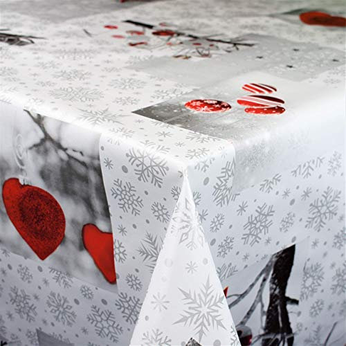 KEVKUS Wachstuch Tischdecke C141251 Weihnachten Herzen Weihnachtskugeln Schneeflocken rot wählbar in eckig rund oval (Rand: Schnittkante, 140 x 160 cm eckig)
