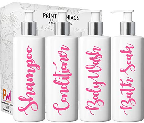 Print Maniacs Mrs Hinch Inspired White Personalised Pump Bottles Bathroom Kitchen Set Shampoo Conditioner (Baby Pink)