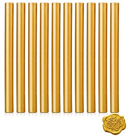 11mm Gold Siegelwachs für Heißklebepistole Klebe Pistole,10Stück Siegellack Wachs Versiegelung Sticks für Retro Vintage Siegel Stempel Brief Hochzeit Einladungen Karten Umschläge Geschenk Verpackung