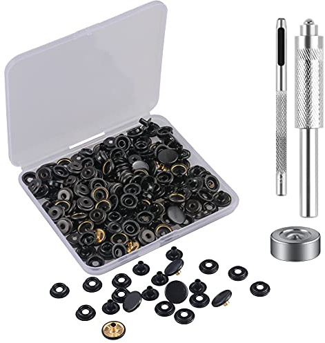 Druckknopf Set 37 Teile mit Installationswerkzeug, Schwarz Druckknöpfe ohne Nähen für Jeans, Lederjacken, Hosen, Reparatur (Schwarz)