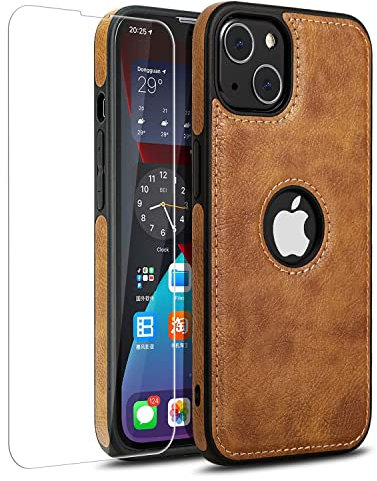 Mixroom - Coque Cover Case + Film pour iPhone 13 Mini Case en simili cuir marron et TPU silicone souple de qualité ultra résistant.