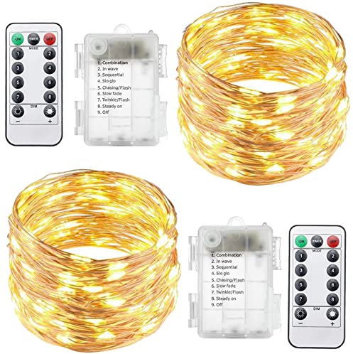Guezuvoru Lot de 2 guirlandes lumineuses LED à piles avec télécommande, 4,9 m, 8 modes