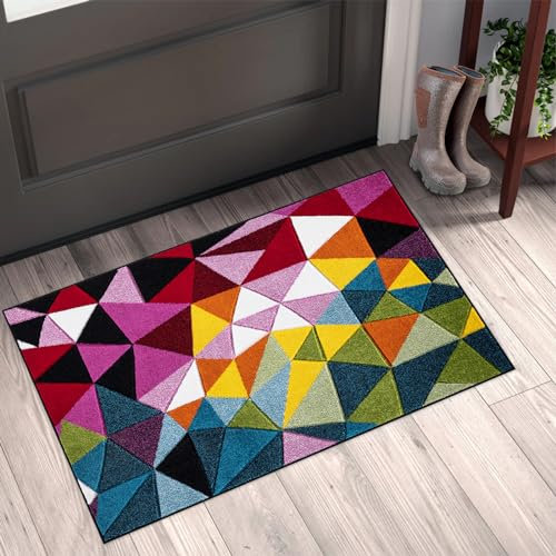renoazul® Multicoloured Large Door Mat for Entrance, Hallway and Kitchen, 60 x 110 cm, Geo Play, Soft Thick Pile Fluffy Thick Plush Geometric Pattern Mat