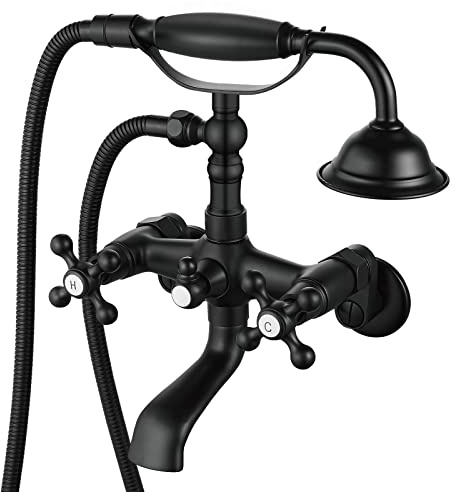 Aolemi Clawfoot Badewannenarmatur Wandhalterung, mattschwarz, Badezimmer-Wannenfüller mit Handbrause, Vintage-Badewannen-Wasserhahn-Set, Doppel-Kreuzgriff