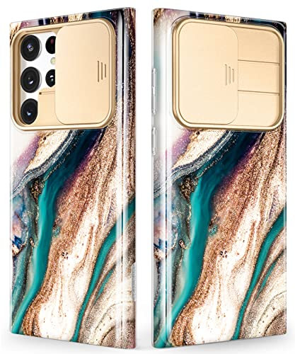 GVIEWIN kompatibel mit Samsung Galaxy S22 Ultra Hülle mit Kameraschutz Schieber [Schützt Ihre Privatsphäre] Militärschutz Marmor Stoßfeste Kratzfeste Schutzhülle für S22 Ultra 6,8 2022, Braun