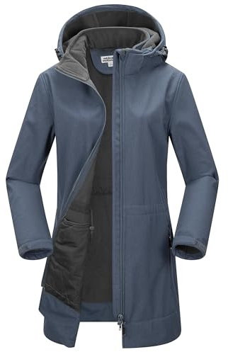 Outdoor Ventures Veste longue softshell pour femme avec capuche doublée en polaire coupe-vent imperméable, gris/bleu, L