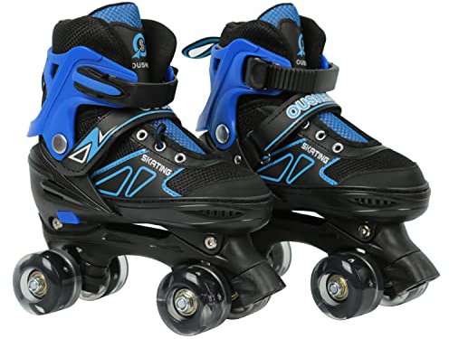 XUANYU Pattini a rotelle, pattini quad classici, pattini a rotelle per ragazze e ragazzi, senza ruote, luminosi, comodi e traspiranti pattini a rotelle per principianti, blu-nero S (27-32)