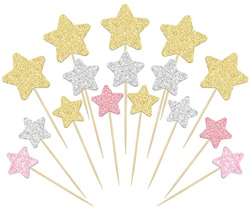 Gyufise 42Pcs Star Cupcake Toppers Gold Silver Pink Glitter Assembled Twinkle Star Cupcake Picks Wedding Engagement Bridal Shower Birthday Party Cake Decorations Supplies Mixed Size