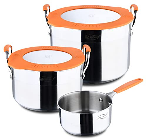 San Ignacio Compact - Juego Completo de Ollas De Acero Inoxidable - Batería de Cocina de 5 Piezas - 2 Ollas De 20 Y 24cm con Tapa - 1 Cacerola - Para Todo Tipo de Fuegos