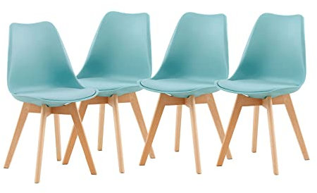 EGGREE 4er Set Esszimmerstühle mit Massivholz Buche Bein SGS Geprüfter, Skandinavisch Design Gepolsterter aus PU-Leder Küchenstuhl Essstühle, Hellhimmelblau