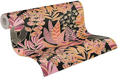 A.S. Création Vliestapete mit glänzendem Blattmuster Antigua - Schwarz, Pink, Orange - florale Motivtapete Made in Germany - 390953