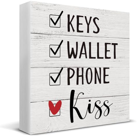 Keys Wallet Phone Kiss Wooden Box Sign Desk Decor, Farmhouse Wood Box Sign for Home Office Shelf Table Decoration 5 X 5 Inch