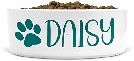 Personalised Ceramic Dog Bowl Paw Print - Ideal for Food & Water Bowls Size Small-Medium Dogs (Teal print, Text Style HA)