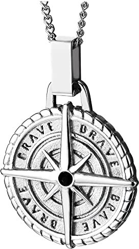 COOLSTEELANDBEYOND Herren Damen Edelstahl Klein Kompass Kreis Medaille Anhänger Halskette mit Schwarz Zirkonia