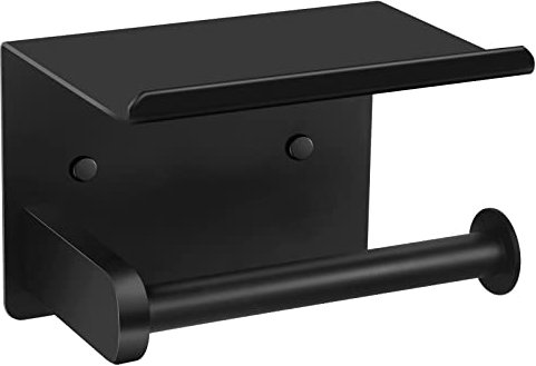 Toilet Roll Holder,Screw/Self Adhesive Toilet Roll Holder,2 in 1 Toilet Paper Roll Holder with Shelf, Matt Black Toilet Tissue Holder Wall Mounted,Toilet Paper Holder for Bathroom/Washroom