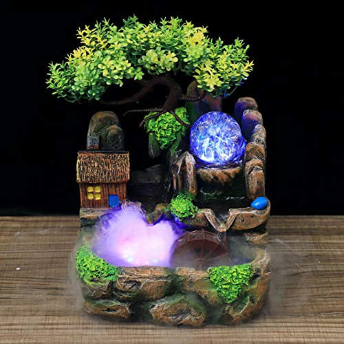 Steingarten Wasserfall Desktop Brunnen Bonsai Simulation Aquarium Desktop Ornament Home Decor Grünpflanze Geschenk mit bunten Licht(Zerstäubungseffekt EU Stecker 220V)